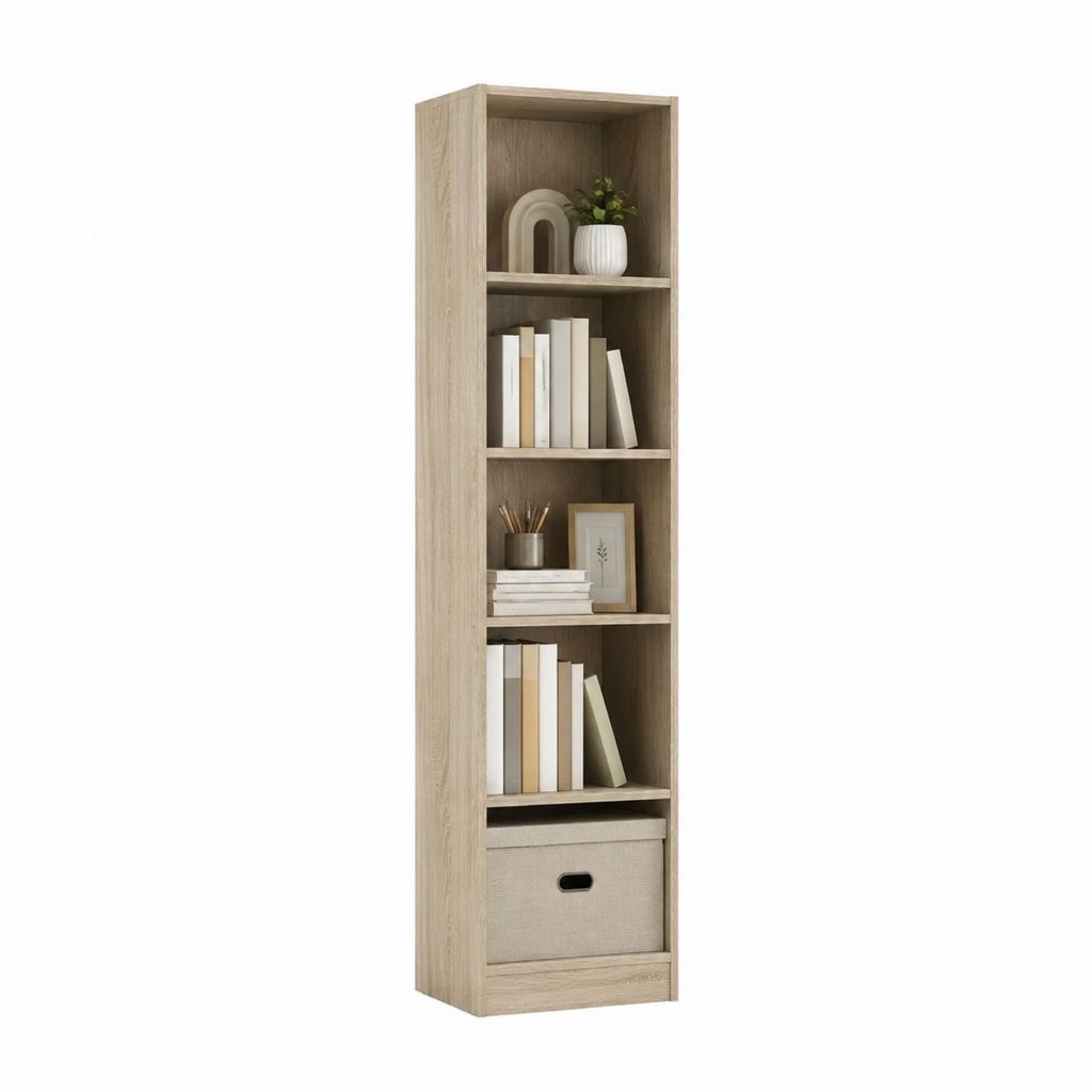 Bibliothèque haute avec 4 étagères et bac de rangement chêne clair 180 x 40 x 30 cm