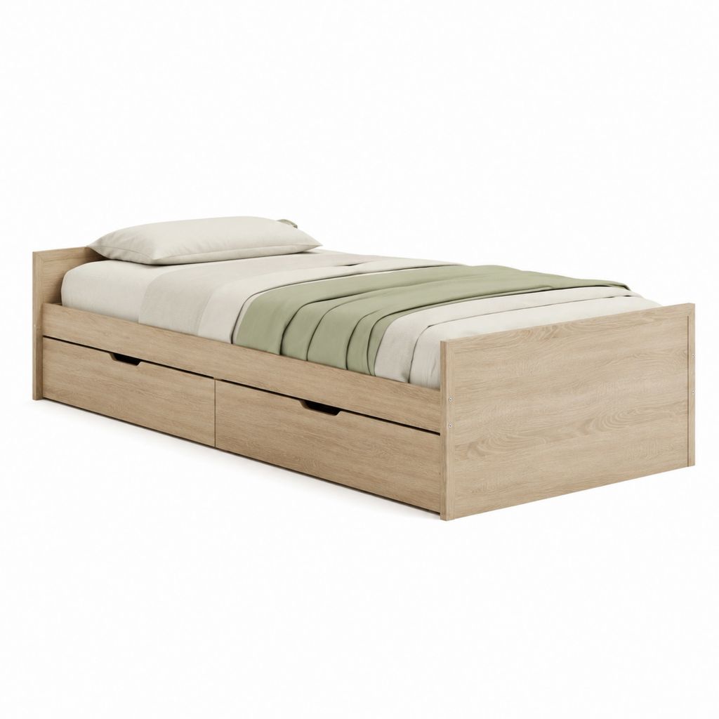 Lit simple avec 2 tiroirs chêne clair en panneaux de particules 90 x 190 cm