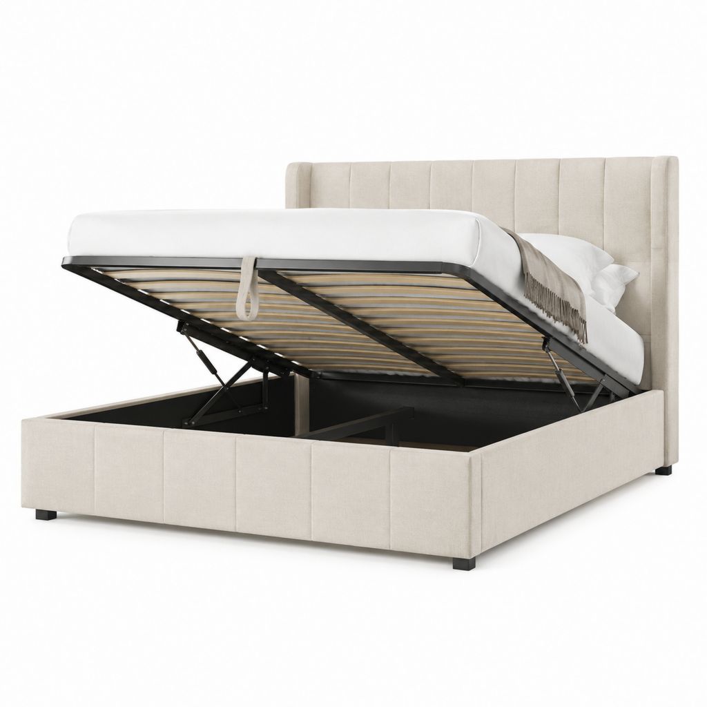Lit coffre double 160x200 cm beige en polyester avec sommier relevable