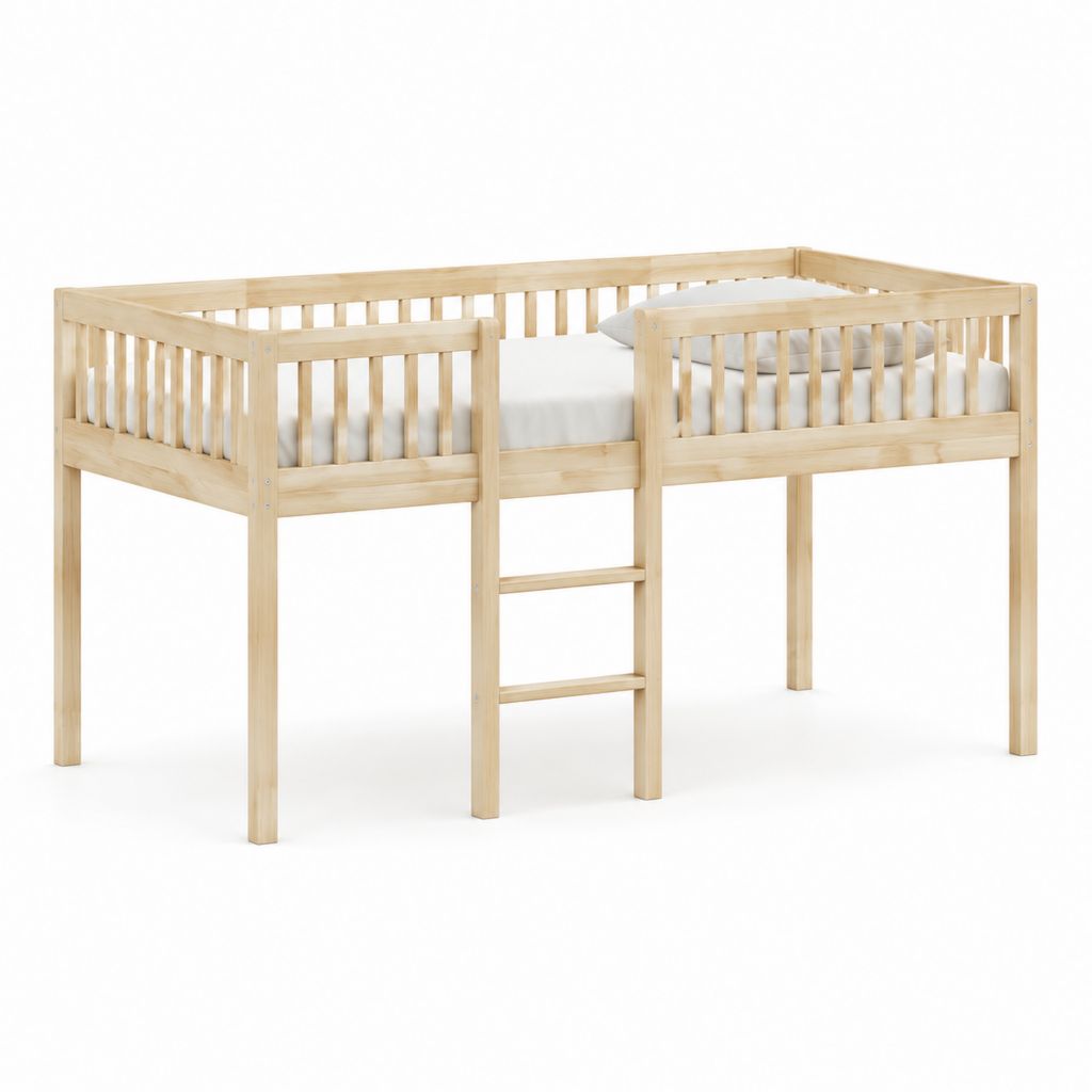 Lit mezzanine enfant 90 x 200 cm en pin massif naturel avec échelle et barrières
