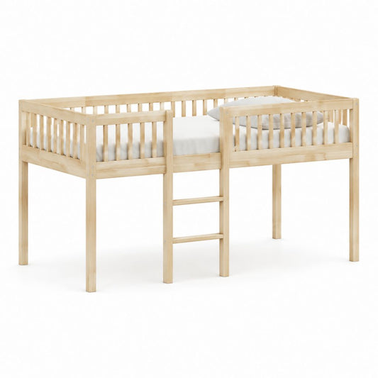 Lit mezzanine enfant 90 x 200 cm en pin massif naturel avec échelle et barrières