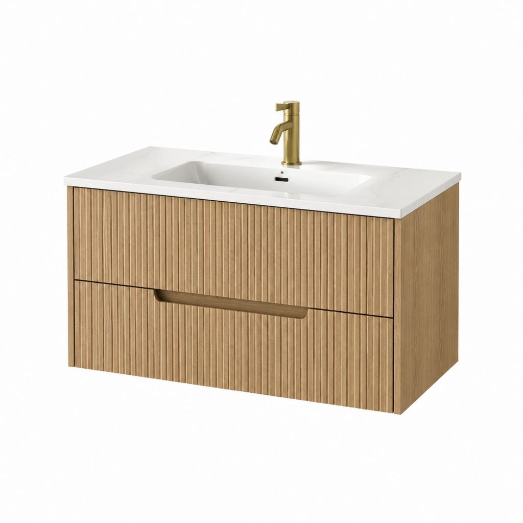 Meuble sous vasque suspendu 80 cm chêne clair en MDF avec vasque blanche et robinet doré