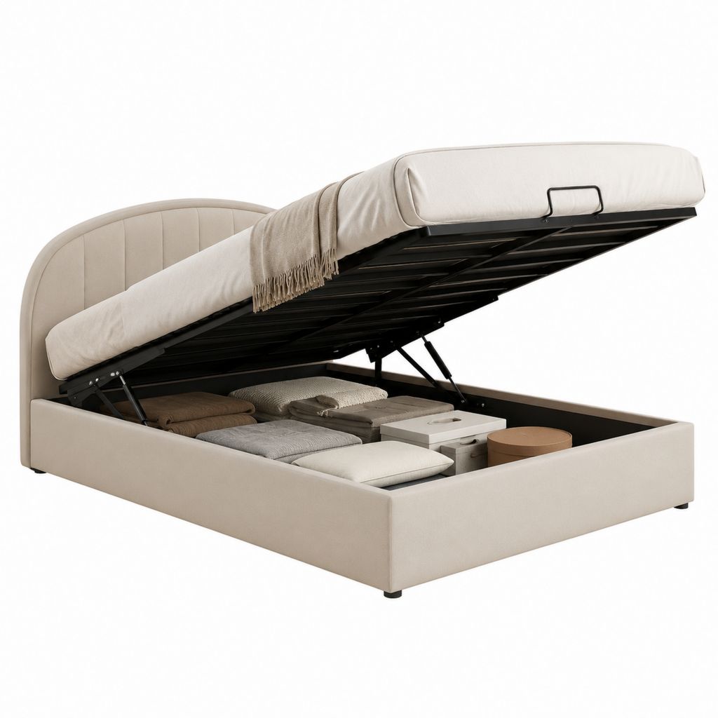 Lit coffre 160 x 200 cm beige en polyester avec tête de lit arrondie