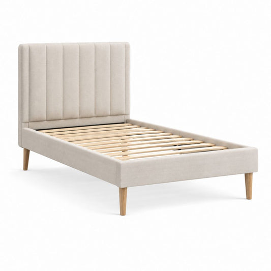 Lit simple 90 x 190 cm beige en polyester avec sommier à lattes et tête de lit capitonnée
