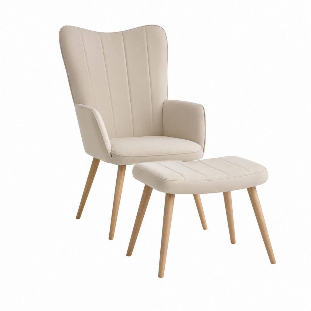 Fauteuil à oreilles avec repose-pieds beige en similicuir PU et bois massif d'hévéa 70 x 75 x 105 cm