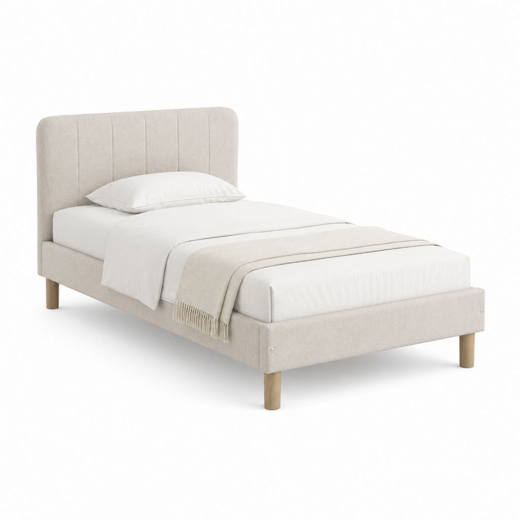 Lit simple 90 x 190 cm beige en polyester avec tête de lit capitonnée et pieds en bois massif